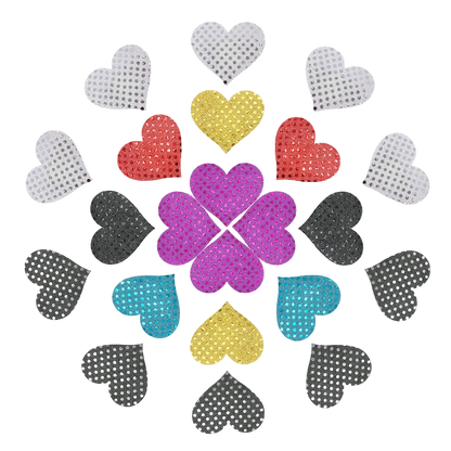 Colorful heart-shaped rhinestone stickers arranged in a circular pattern on a white background.