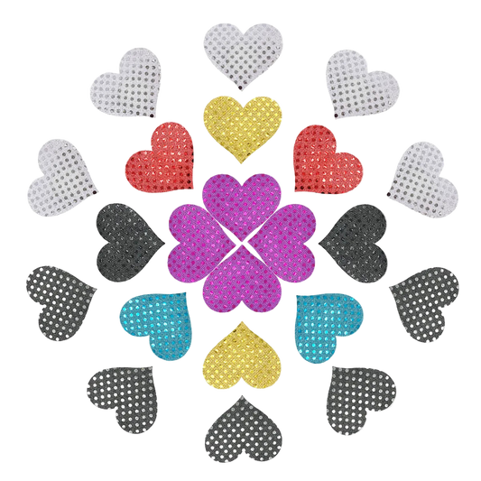Colorful heart-shaped rhinestone stickers arranged in a circular pattern on a white background.
