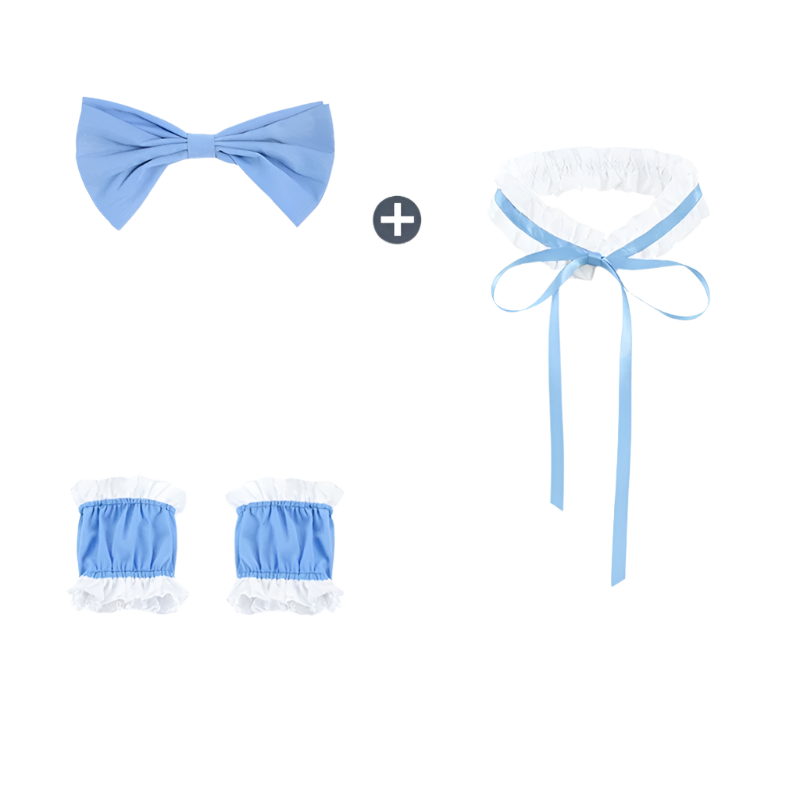 Traditional French maid costume dress in light blue and white, featuring a ruffled white apron, short puff sleeves with blue cuffs, and a fitted bodice with white trim. The dress includes a classic full skirt design with white ruffled details.