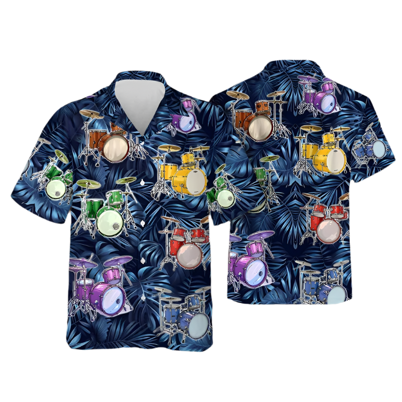 Hawaiian shirt with drum set design on a blue leaf pattern