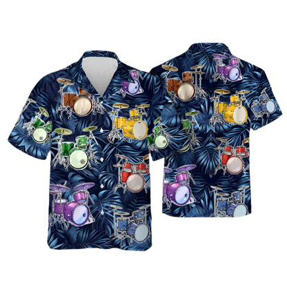 Hawaiian shirt with drum set design on a blue leaf pattern