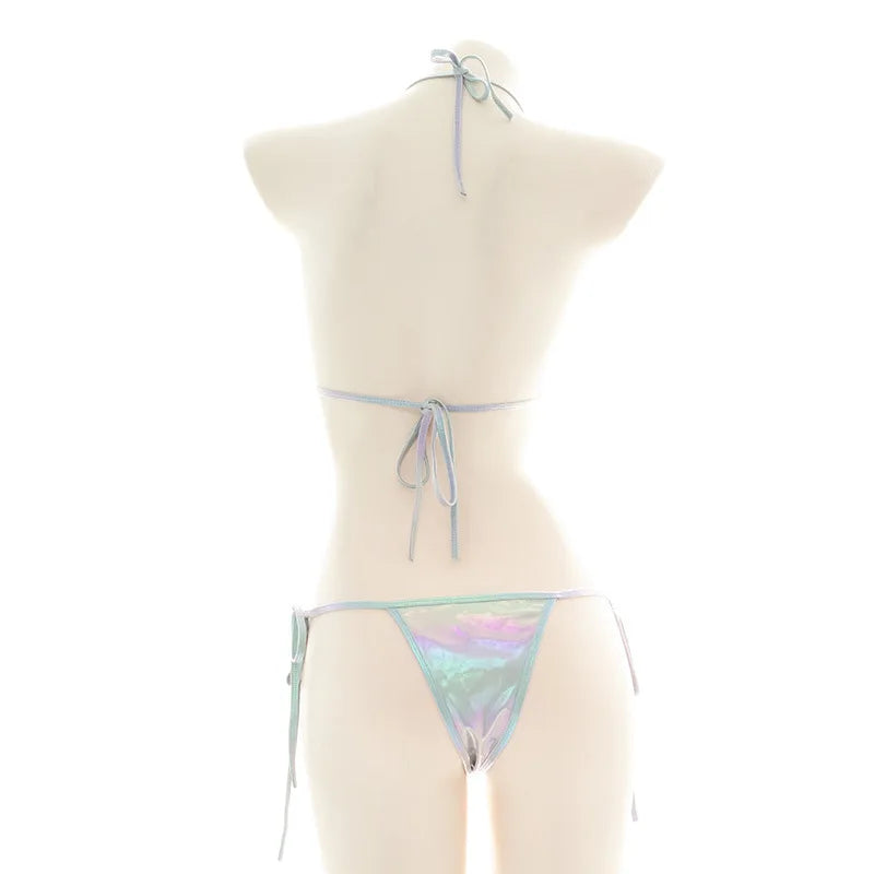 Summer Micro Bikini Set Women Swimwear Laser Holographic Halter Tops Bra Thong Bathing Suit Beachwear Brazilian Biquini