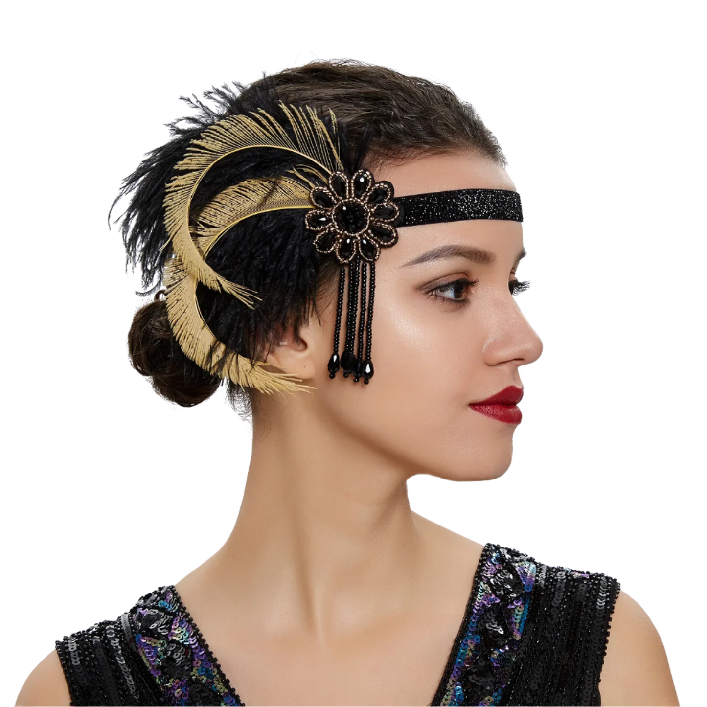 Gold rhinestone and feather headband with 1920s Gatsby design for luxury resort theme nights

