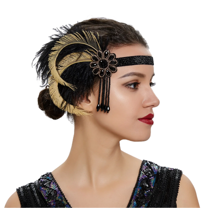 Gold rhinestone and feather headband with 1920s Gatsby design for luxury resort theme nights

