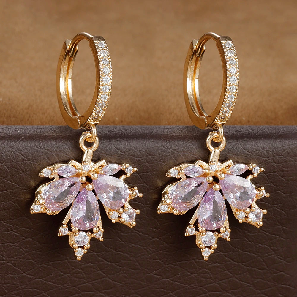 2pcs Vintage Crystal Zircon Stainless Steel Maple Leaf Earrings for Women Temperament Hoop Earrings Party Piercing Jewelry Gift
