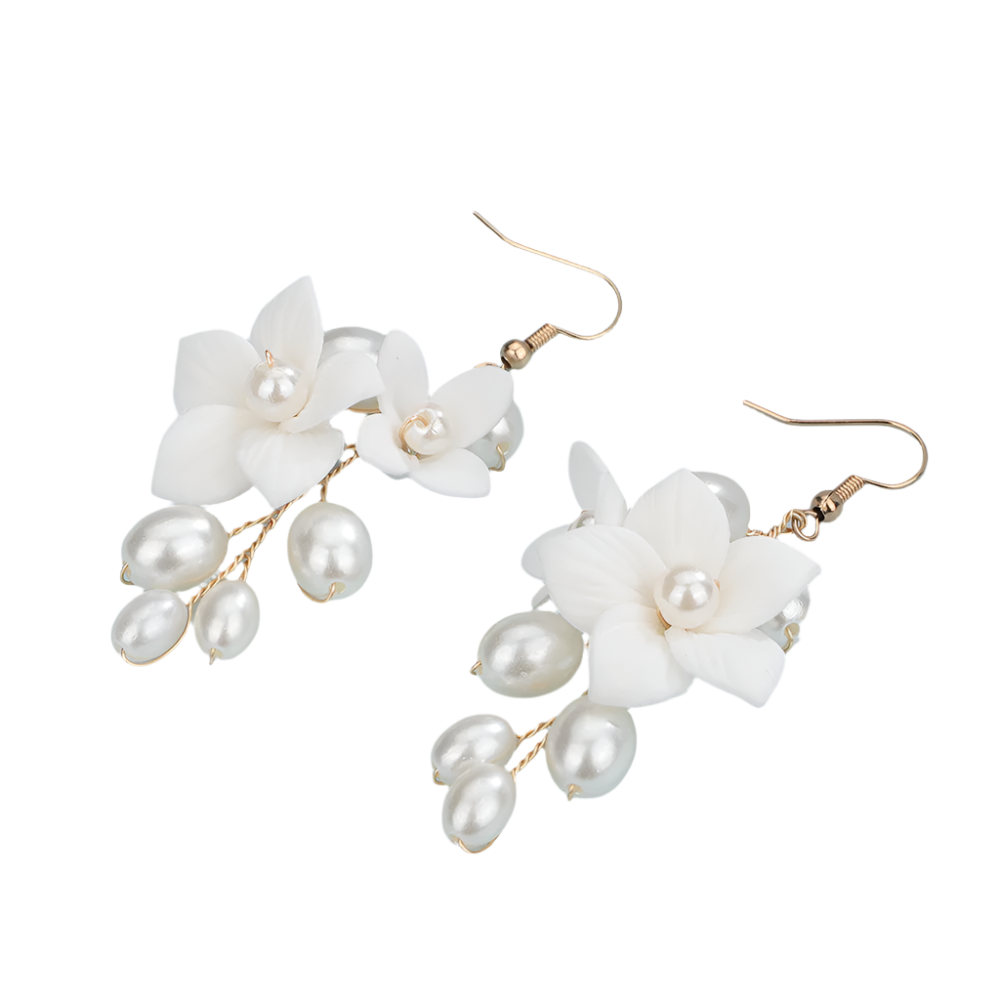 legant rose gold ceramic flower pearl earrings with matching headwear - perfect for resort weddings and romantic occasions