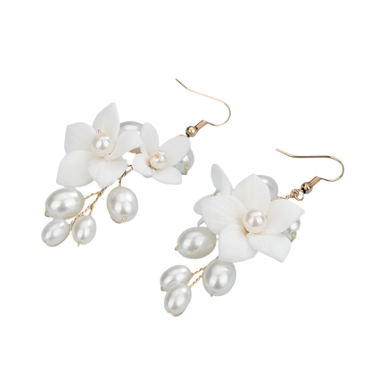 legant rose gold ceramic flower pearl earrings with matching headwear - perfect for resort weddings and romantic occasions