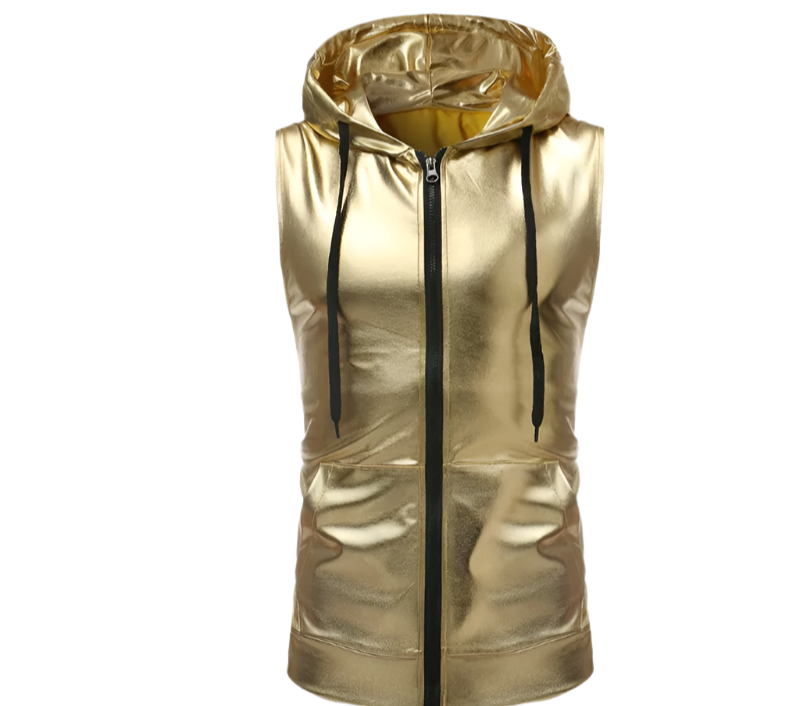 Gold Tank Top Plus Size Hooded Vest Zipper Streetwear Shinny Sleeveless T-shirt