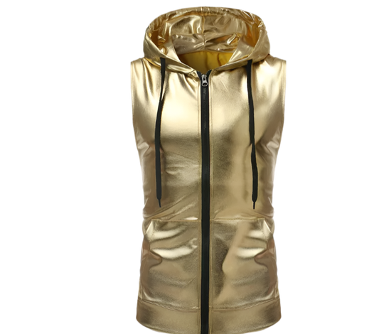 Gold Tank Top Plus Size Hooded Vest Zipper Streetwear Shinny Sleeveless T-shirt