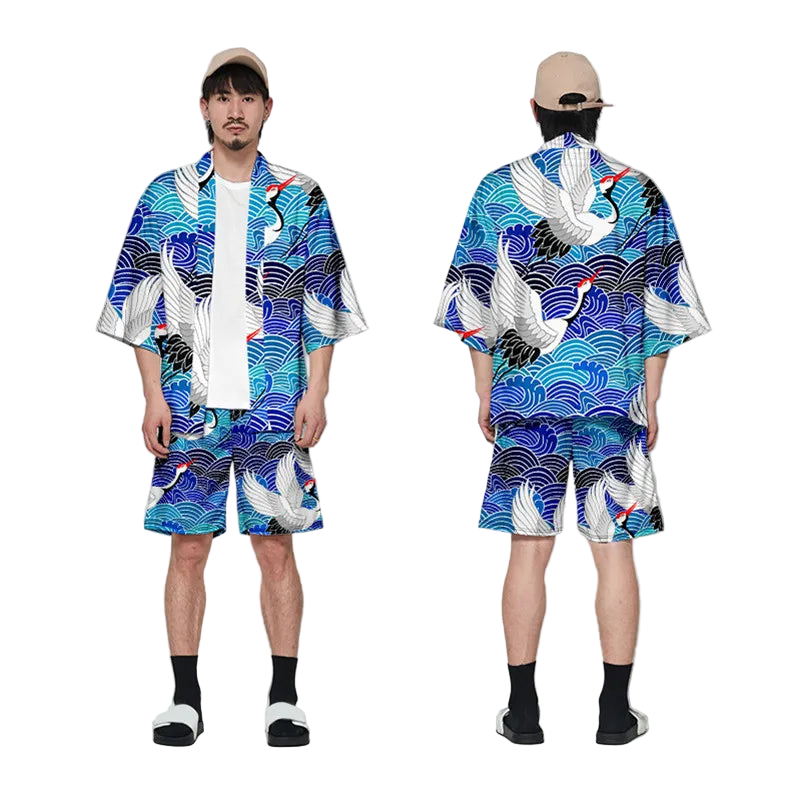 Person wearing a blue and white patterned outfit with a matching hat, shown from front and back.