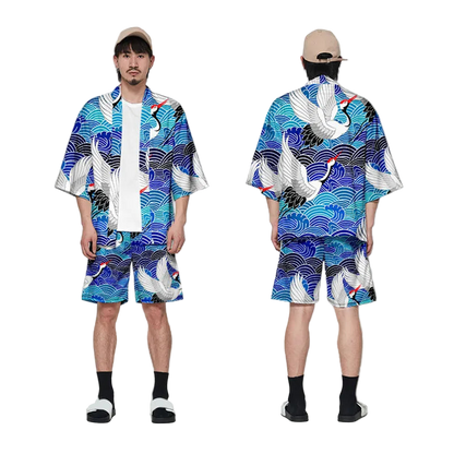 Person wearing a blue and white patterned outfit with a matching hat, shown from front and back.