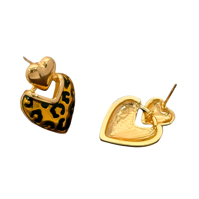 sterling silver leopard print heart stud earrings featuring geometric design and premium finish for elegant resort wear