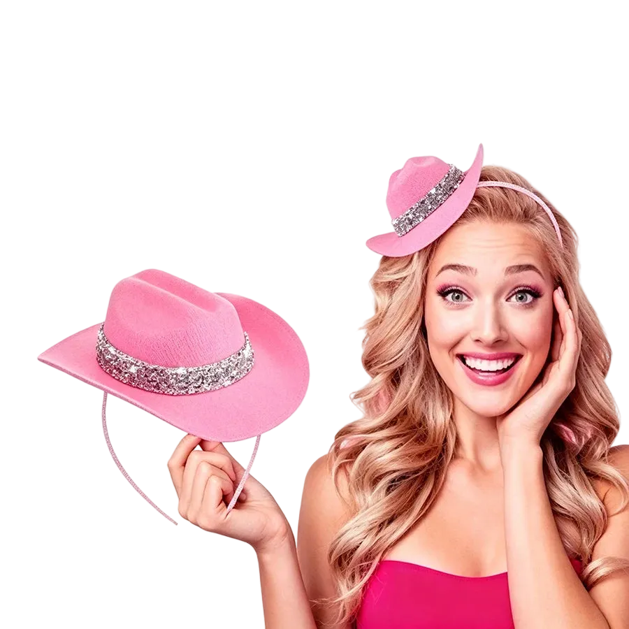 A smiling blonde woman wearing a small pink cowboy-style hat with a silver rhinestone band, while holding the same hat in her hand against a plain white background.