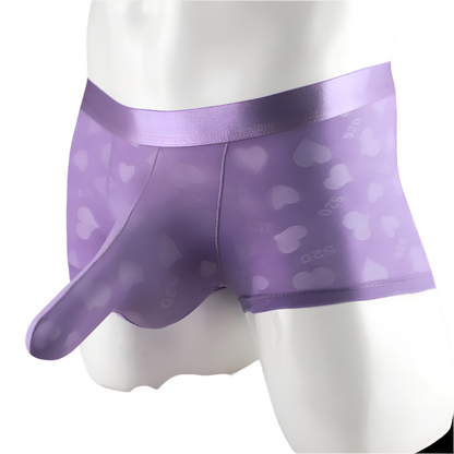 Purple satin heart-patterned underwear on a mannequin against a white background