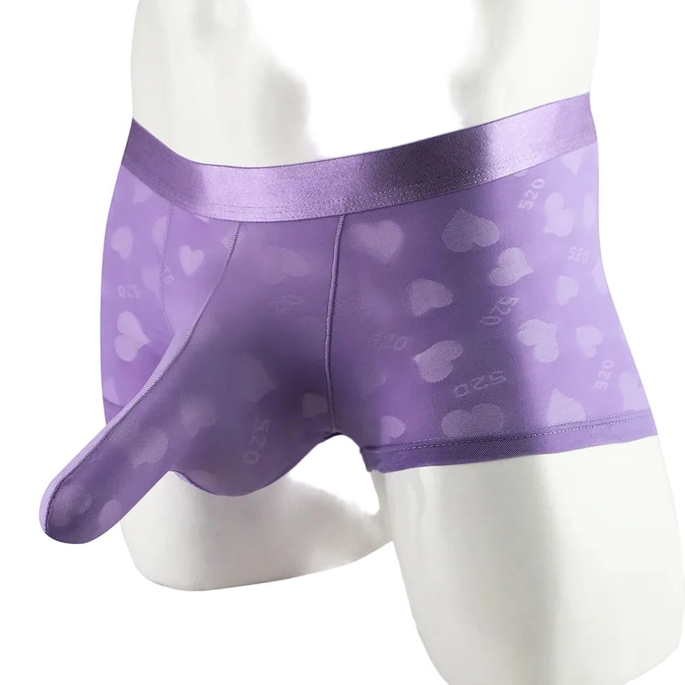 Purple satin heart-patterned underwear on a mannequin against a white background