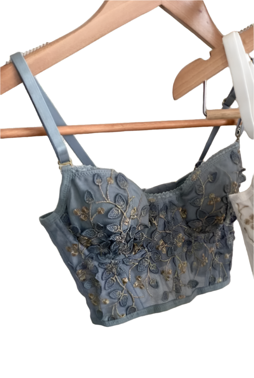 Two embroidered bras hanging on a rack against a neutral background