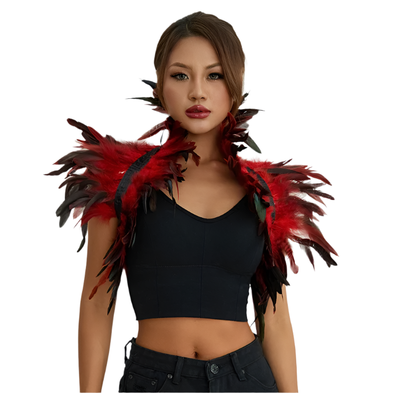 Red Feather Shoulder Piece: A vibrant red feather shoulder piece displayed on a mannequin, with black accents and a striking, textured design.