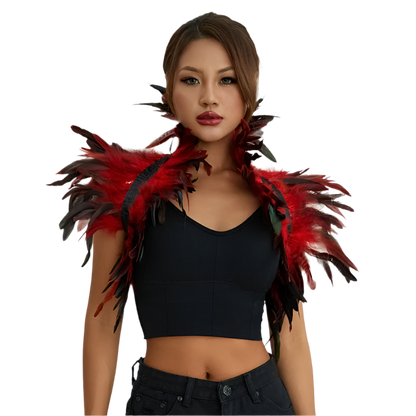 Red Feather Shoulder Piece: A vibrant red feather shoulder piece displayed on a mannequin, with black accents and a striking, textured design.