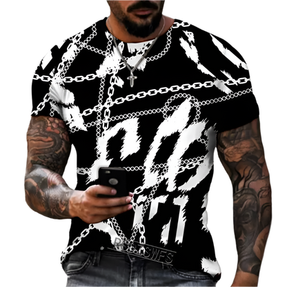 Man wearing a black t-shirt with white chain and feather design, holding a phone.