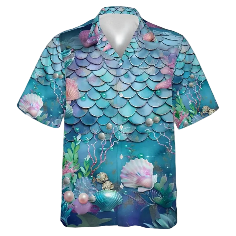 A short-sleeve button-up camp shirt featuring an all-over mermaid scale and underwater print in shades of teal, blue, purple, and pink, with seashells, pearls, and sea plants.