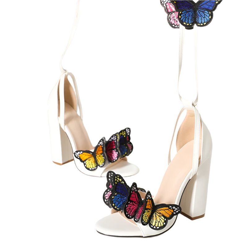 White open toe sandals with handwork butterfly embroidery and lace-up high heels perfect for resort party dress occasions and wedding events
