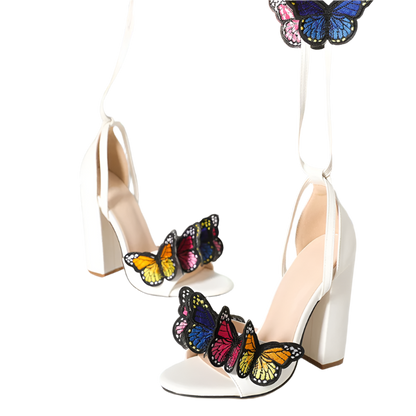 White open toe sandals with handwork butterfly embroidery and lace-up high heels perfect for resort party dress occasions and wedding events
