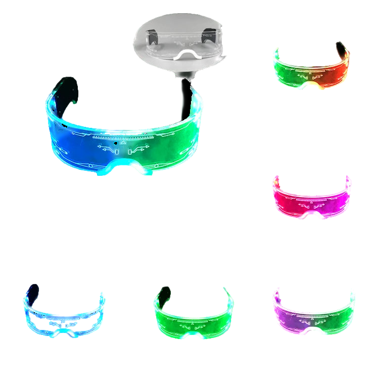 LED colorful glasses in various colors on a dark background