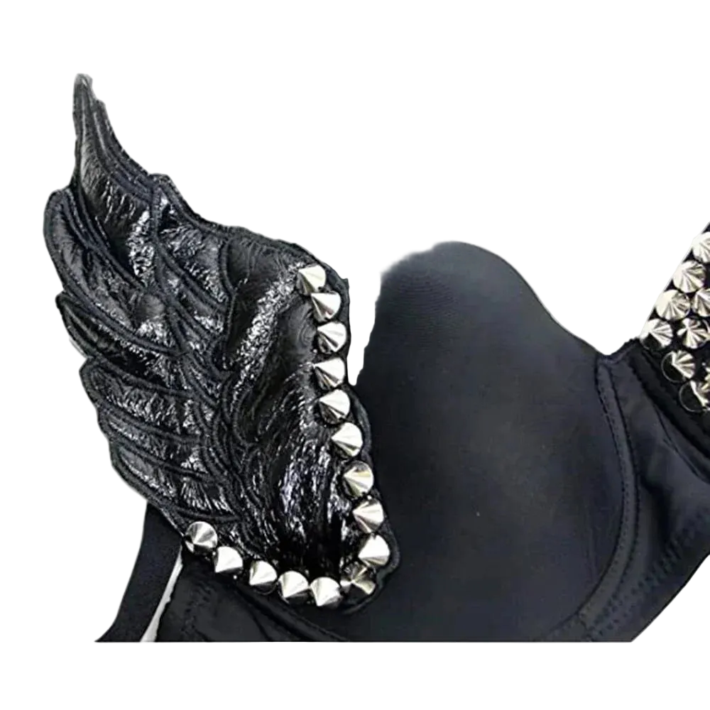Black bra with a large wing-shaped shoulder strap and silver metallic studs, shown on a plain white background.
