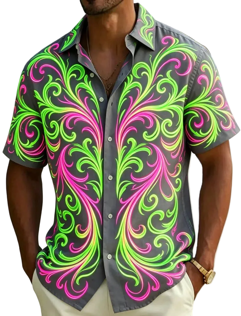 A man wearing a short-sleeve button-up shirt with a bold, vibrant neon scroll pattern in lime green and hot pink over a dark gray base, set against a blurred beach background with palm leaves.