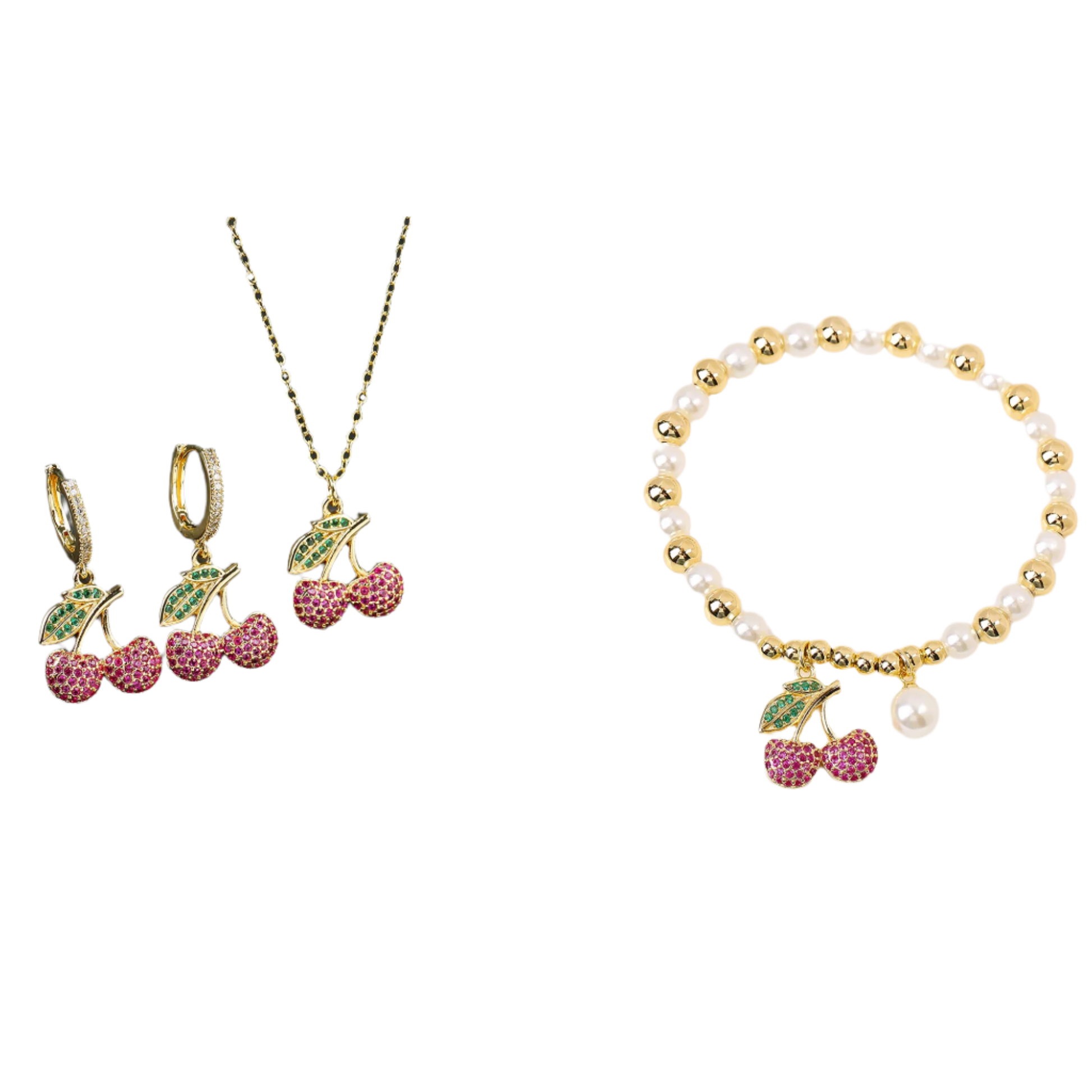 Jewelry set with cherry-themed pendants on a black and white background