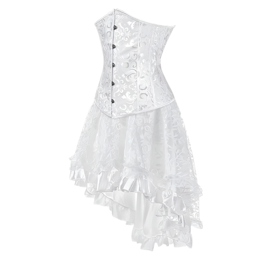 White underbust corset and tutu set with lace details for plus size resort theme nights

