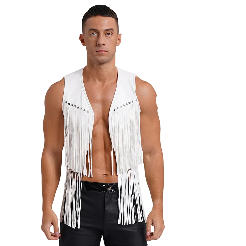 A muscular male model wearing a white leather fringe vest with silver rhinestone embellishments on the chest, paired with black pants, against a solid white background.