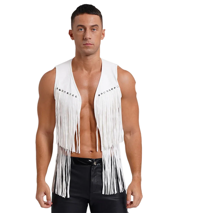 A muscular male model wearing a white leather fringe vest with silver rhinestone embellishments on the chest, paired with black pants, against a solid white background.