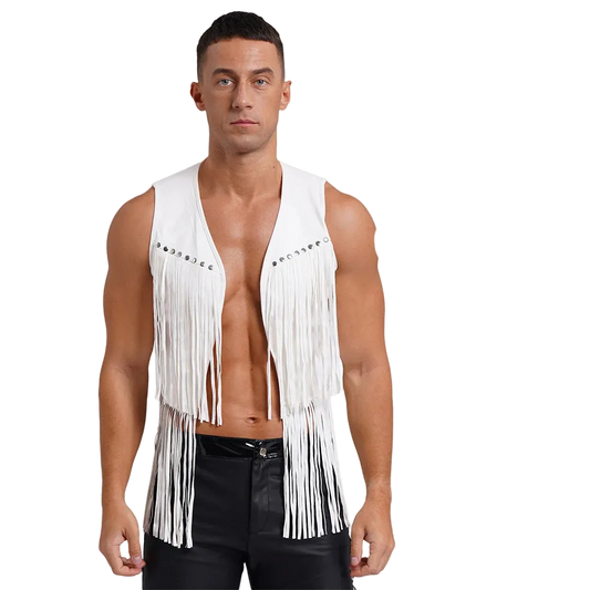 A muscular male model wearing a white leather fringe vest with silver rhinestone embellishments on the chest, paired with black pants, against a solid white background.