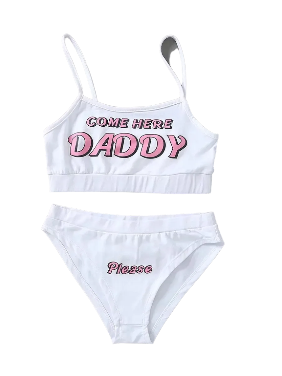 Loungewear Set: A black and white loungewear set with crop tops and matching bottoms. The tops have the text "COME HERE DADDY," and the bottoms say "Please," creating a playful and cheeky look.

