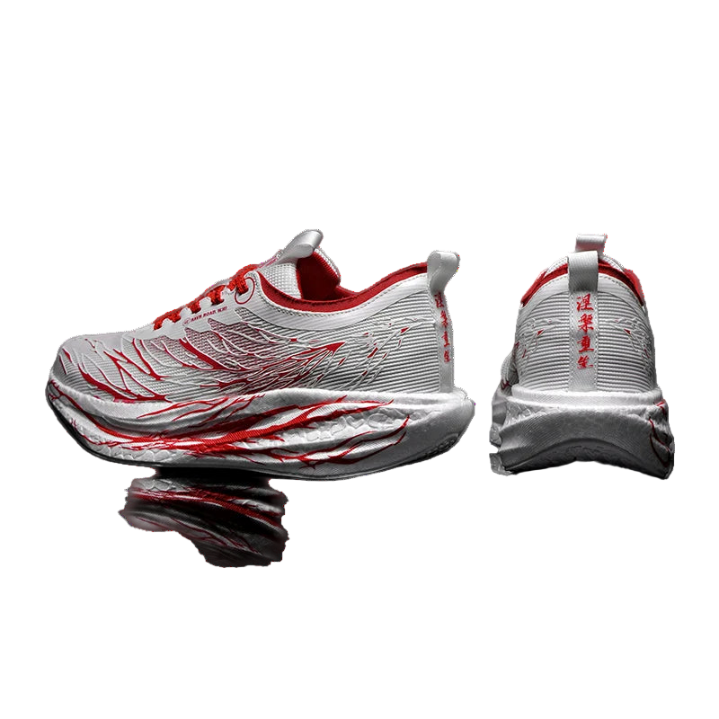 White and red athletic shoes on a black background with promotional text.