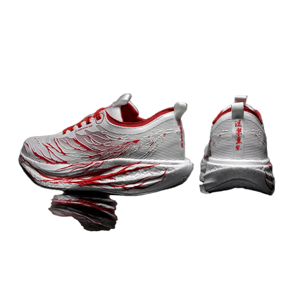 White and red athletic shoes on a black background with promotional text.