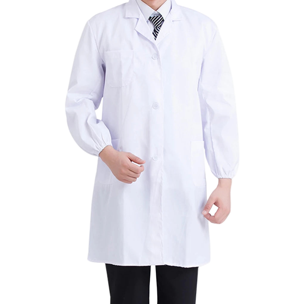 Person wearing a white lab coat on a white background