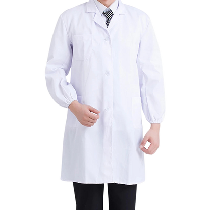 Person wearing a white lab coat on a white background