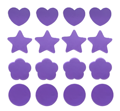 Purple heart, star, and circle stickers on a white background with dimensions indicated.