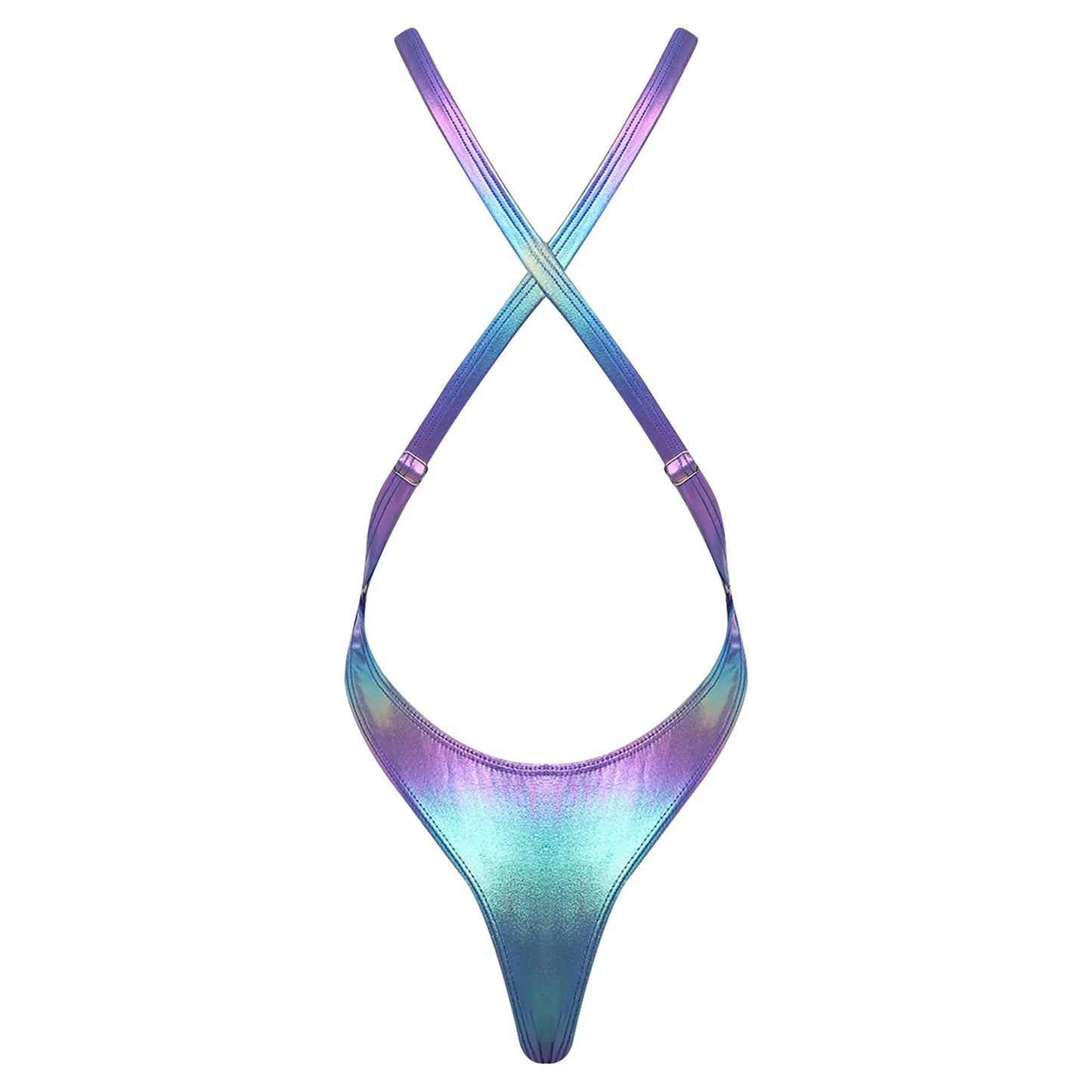 Womens Holographic One-Piece Monokini Bikini Swimsuit Beachwear Halter Cross Back Cutout High Cut Backless Bodysuit Swimwear