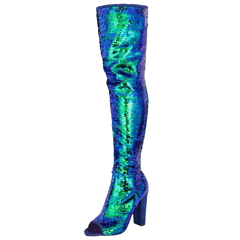 A single over-the-knee high-heeled boot covered in iridescent sequins that shift between blue, green, and purple, shown on a white background