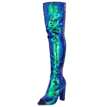 A single over-the-knee high-heeled boot covered in iridescent sequins that shift between blue, green, and purple, shown on a white background