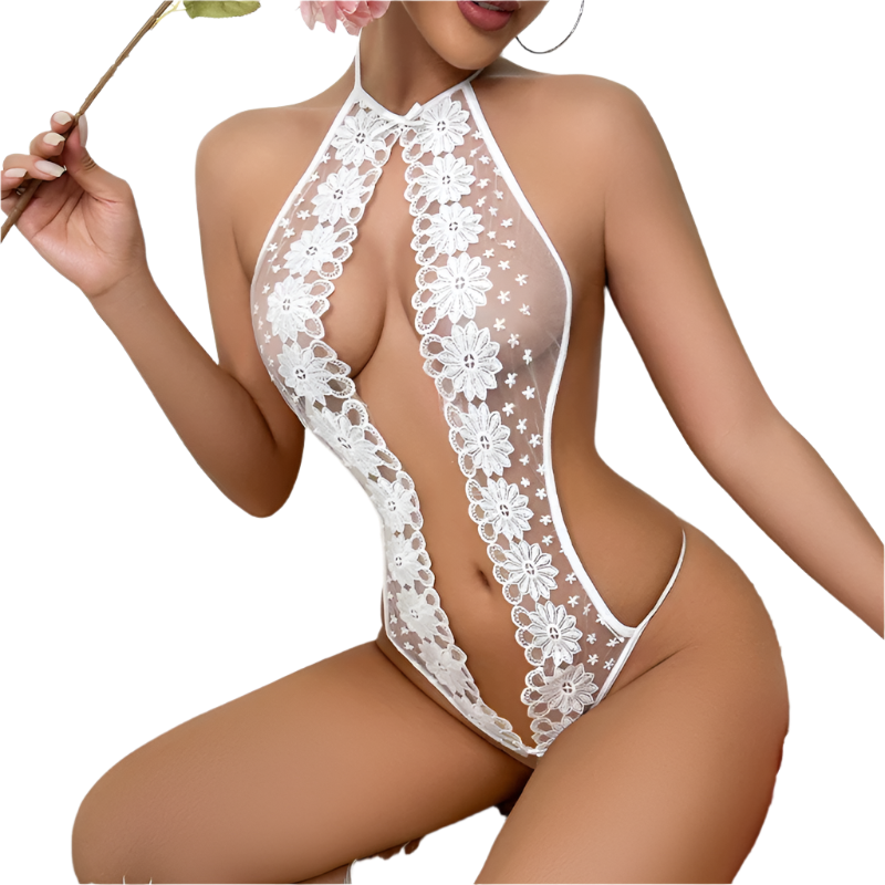 white lace transparent crotchless bodysuit with deep V hollow out design for exotic resort intimate entertainment