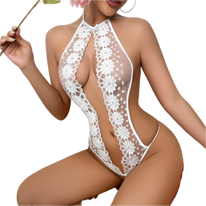 white lace transparent crotchless bodysuit with deep V hollow out design for exotic resort intimate entertainment