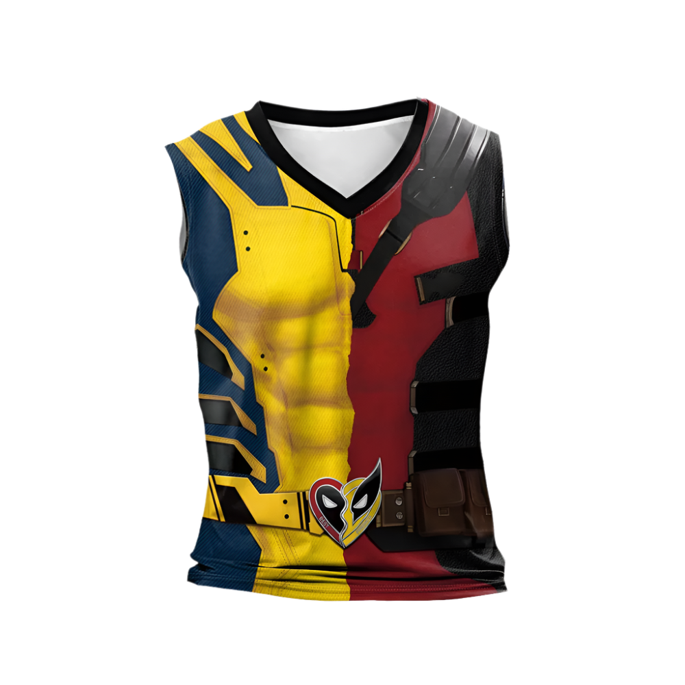 Superhero Tank Top: A sleeveless tank top featuring a split design with superhero-themed graphics in yellow, blue, red, and black, complete with a utility belt motif at the waist.