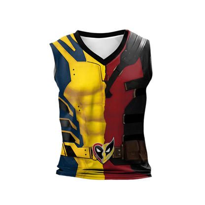 Superhero Tank Top: A sleeveless tank top featuring a split design with superhero-themed graphics in yellow, blue, red, and black, complete with a utility belt motif at the waist.