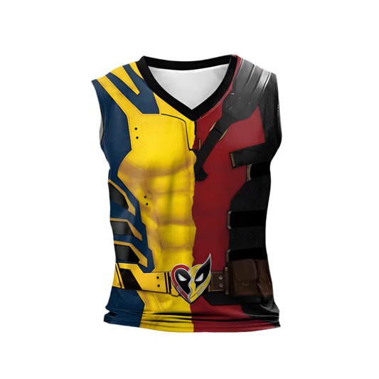 Superhero Tank Top: A sleeveless tank top featuring a split design with superhero-themed graphics in yellow, blue, red, and black, complete with a utility belt motif at the waist.