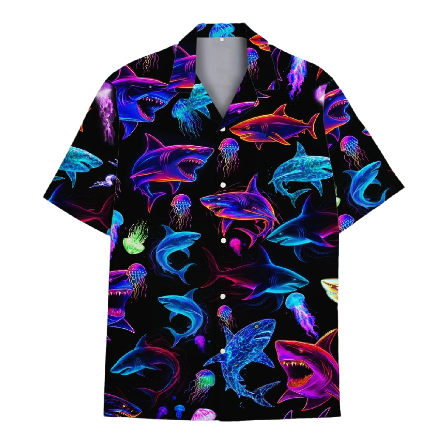 Colorful shark and jellyfish patterned shirt on a black background with palm leaves and beach scene.