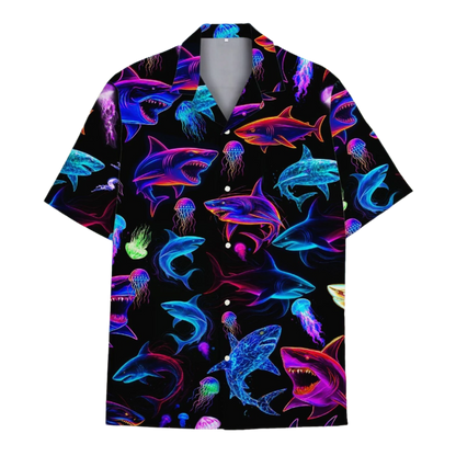 Colorful shark and jellyfish patterned shirt on a black background with palm leaves and beach scene.